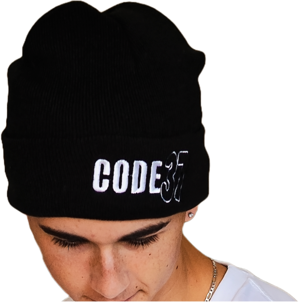 Black beanie with 'CODE37' text worn by a person on a white background