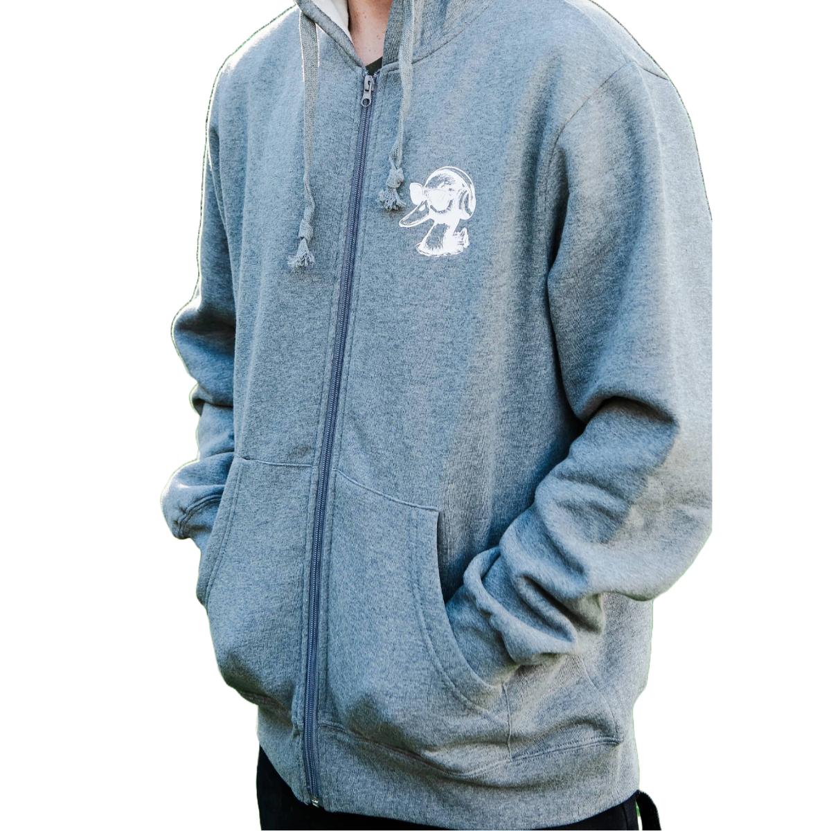 Light grey hoodie with a small logo on the chest against a white background