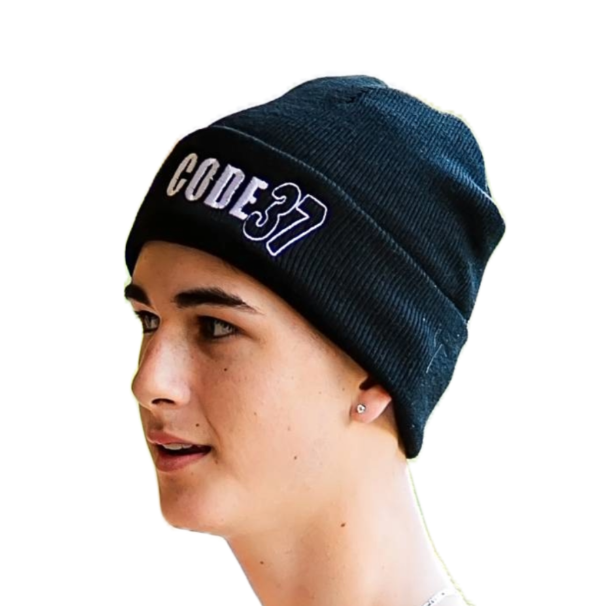 Person wearing a black beanie with 'CODE 37' logo on a white background