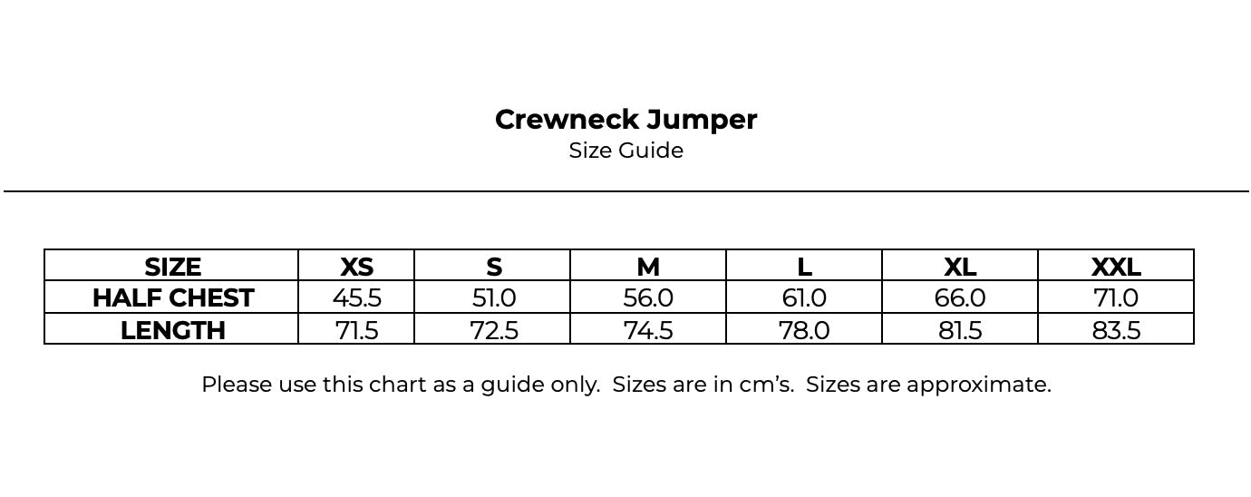 Size guide for Crewneck Jumper - Unisex