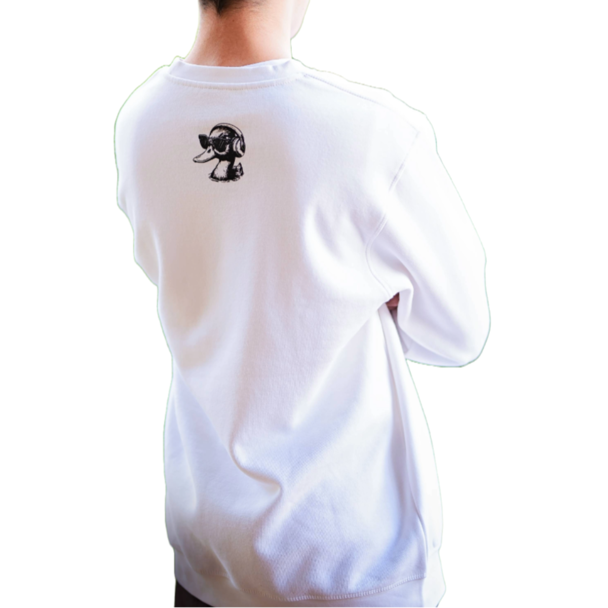 White long-sleeve shirt with a black graphic on the back, worn by a person.