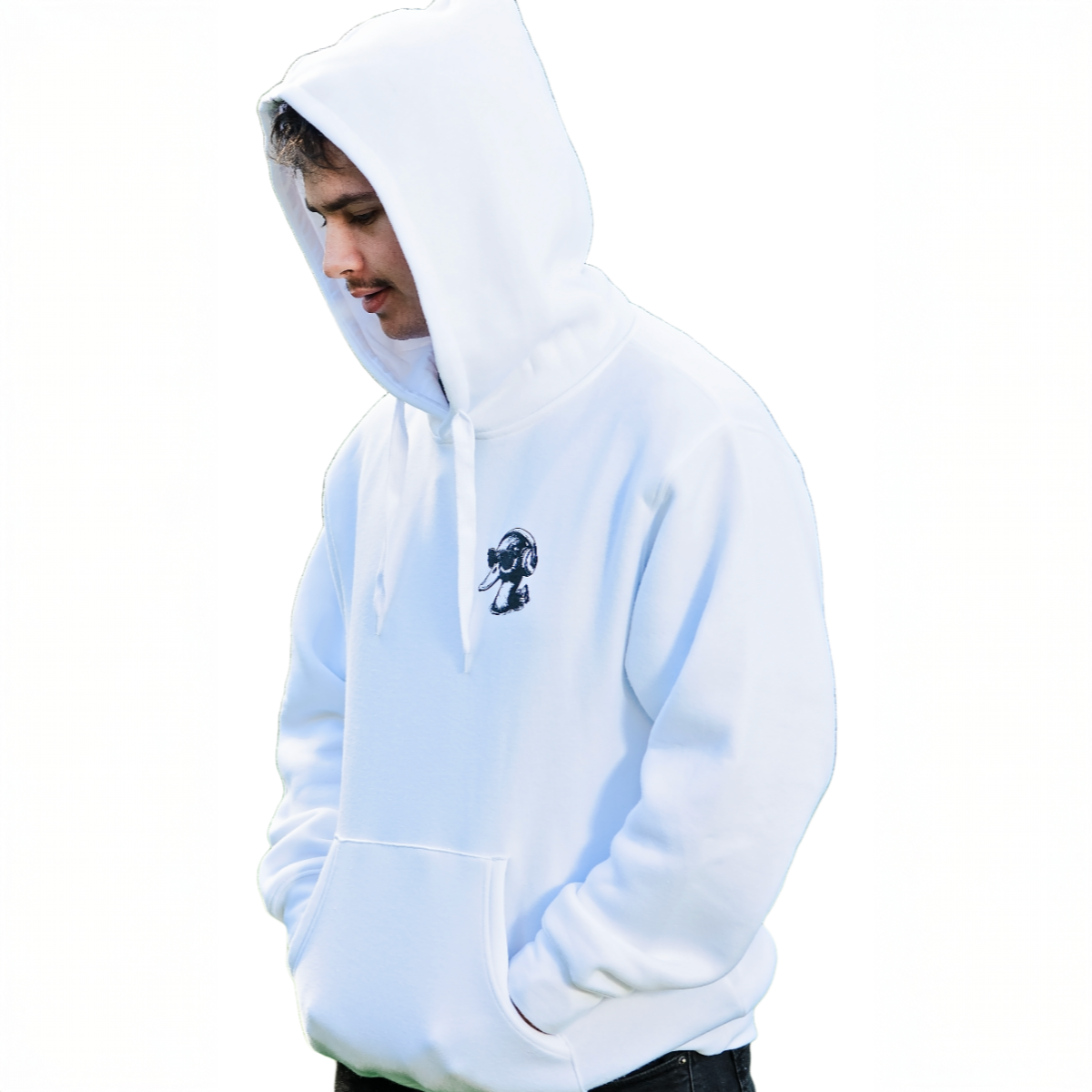 Person wearing a white hoodie with a small logo on a white background