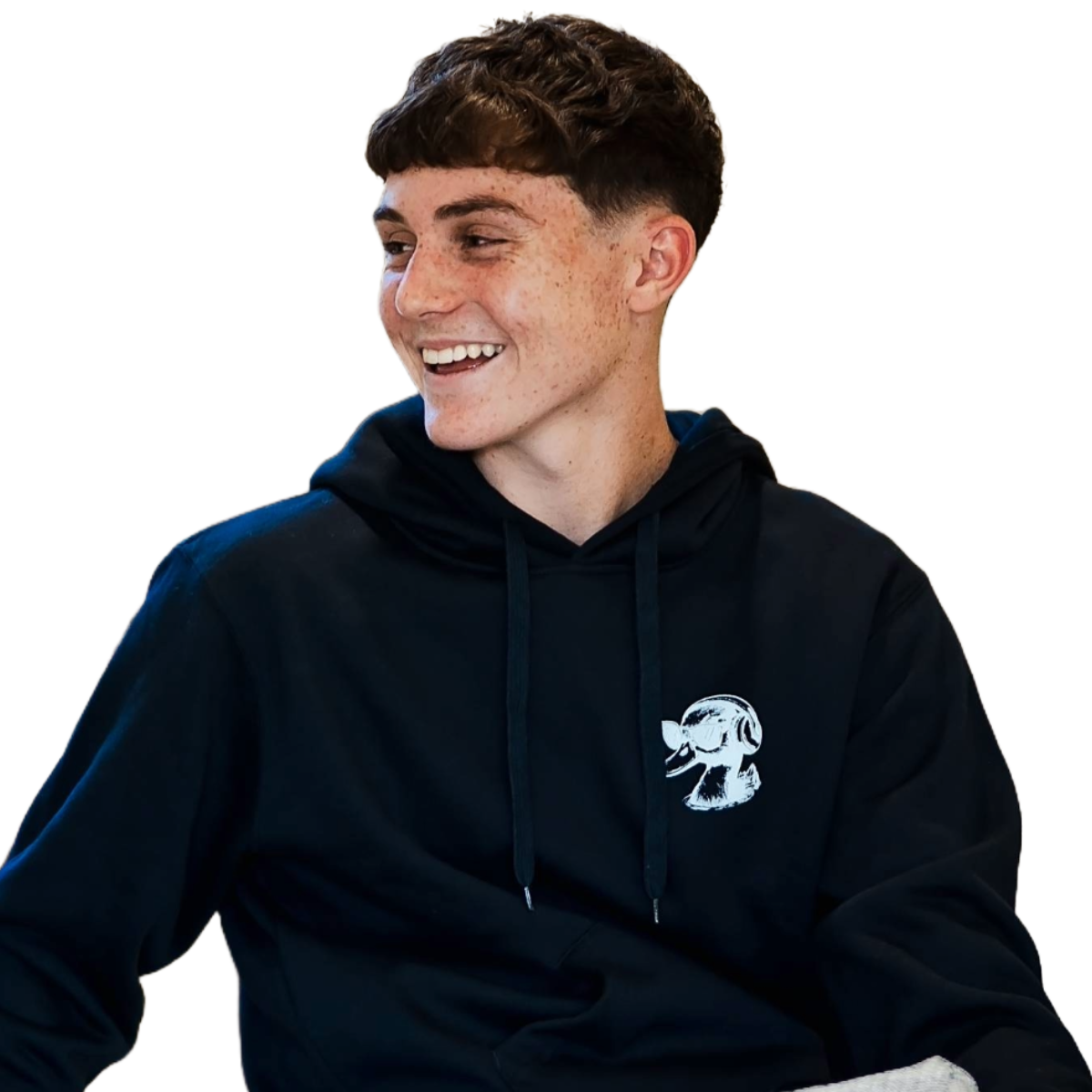 Person wearing a navy hoodie with a logo on a white background