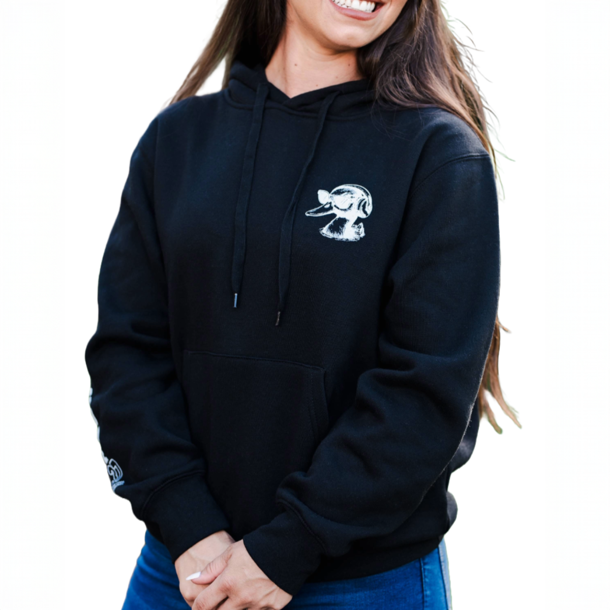 Person wearing a black hoodie with a logo on a white background