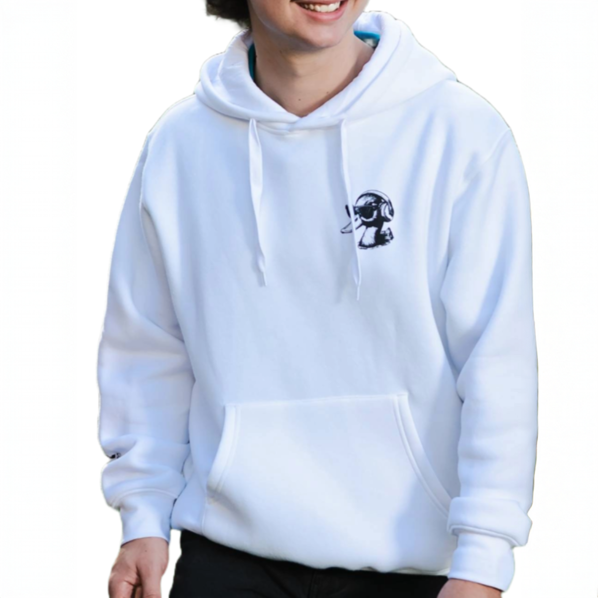 White hoodie with a small black logo worn by a person on a white background