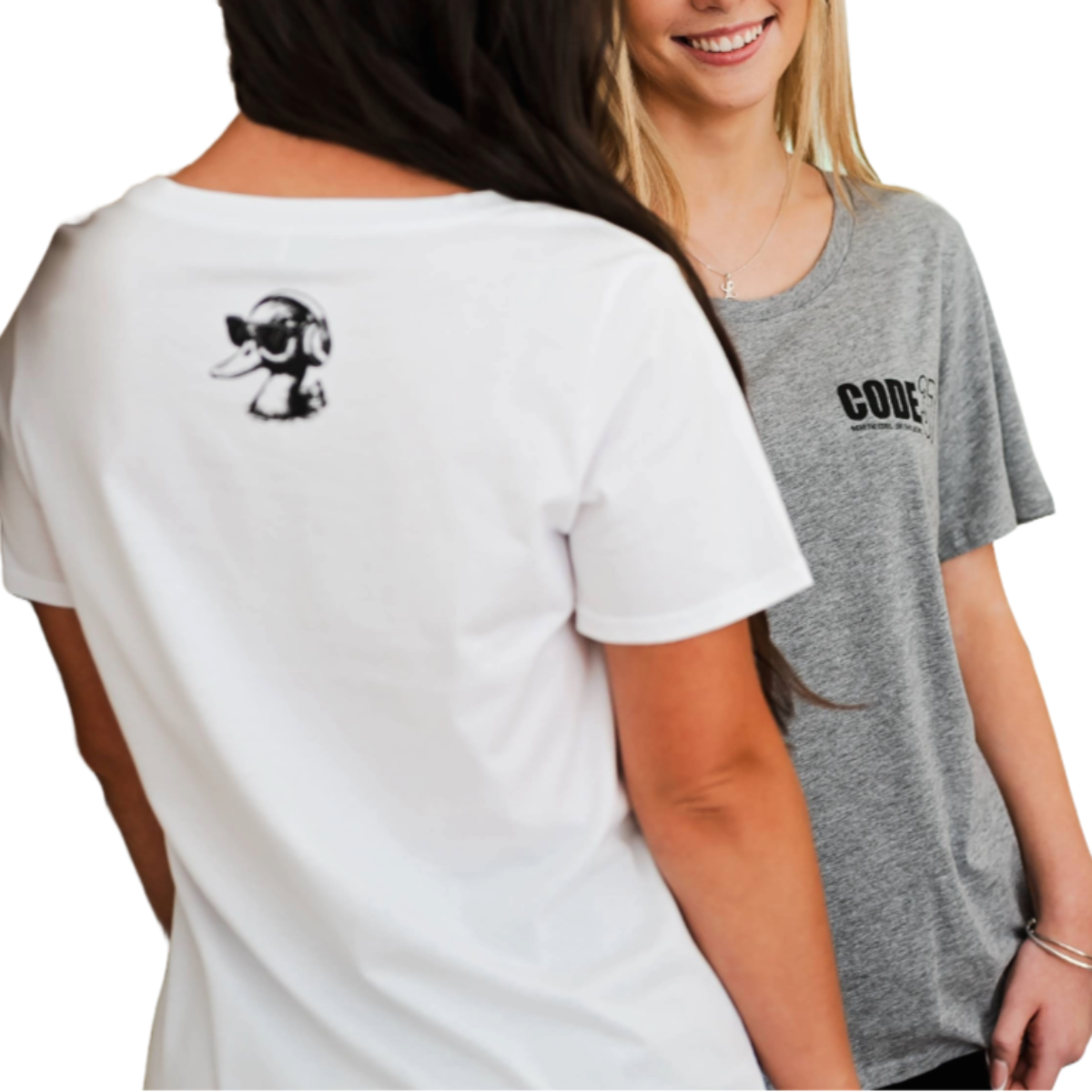 Two women wearing t-shirts, one white with a design on the back and one gray with text on the front.