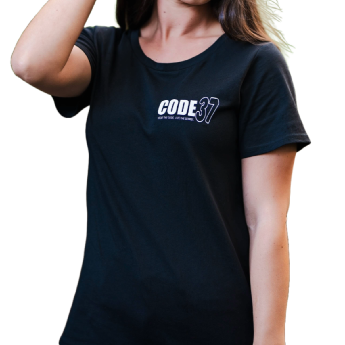 Woman wearing a black t-shirt with 'CODE 37' logo on a white background