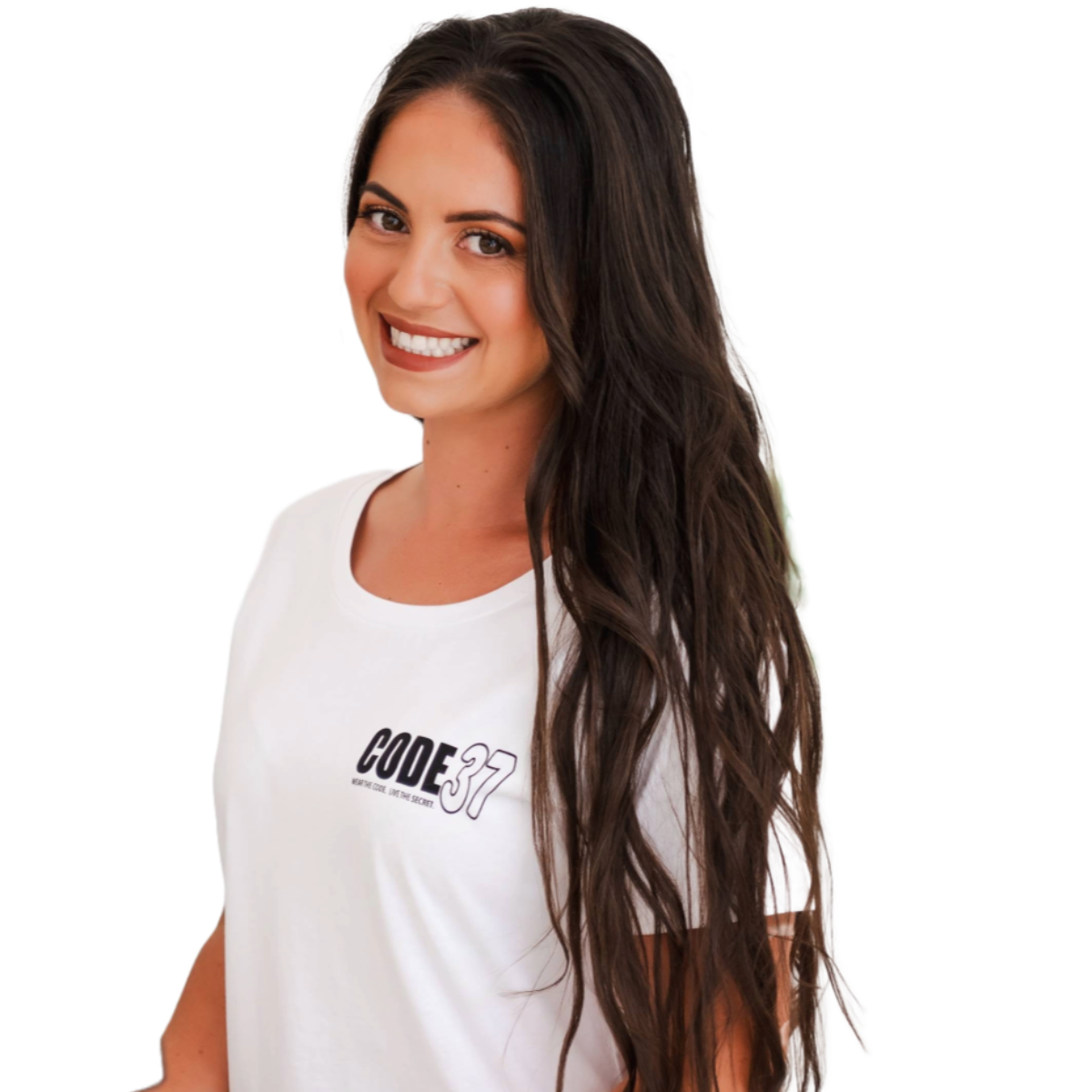 Woman wearing a white t-shirt with a logo on a white background