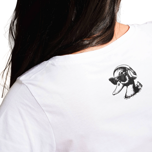 White t-shirt with a black duck graphic on the back, worn by a person.