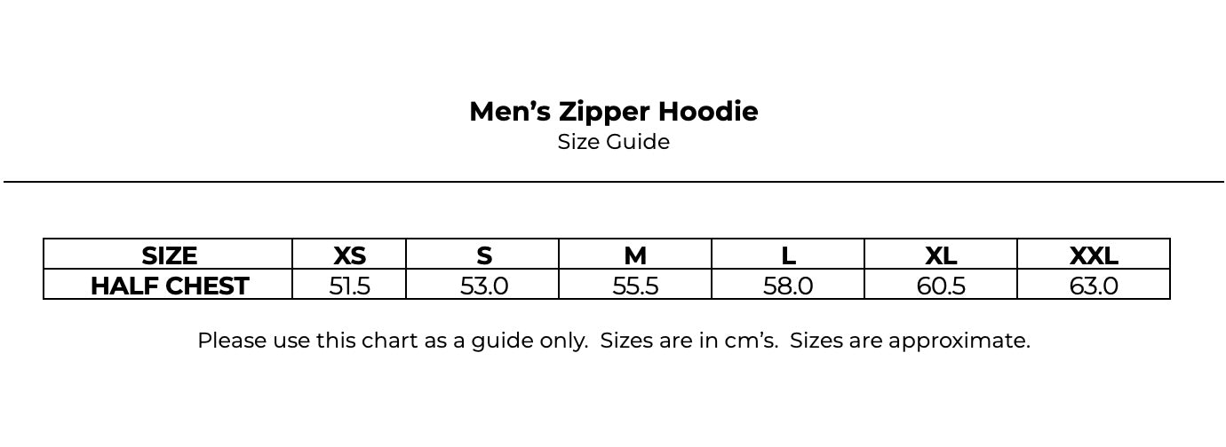 Size guide for Zipper Hoodie
