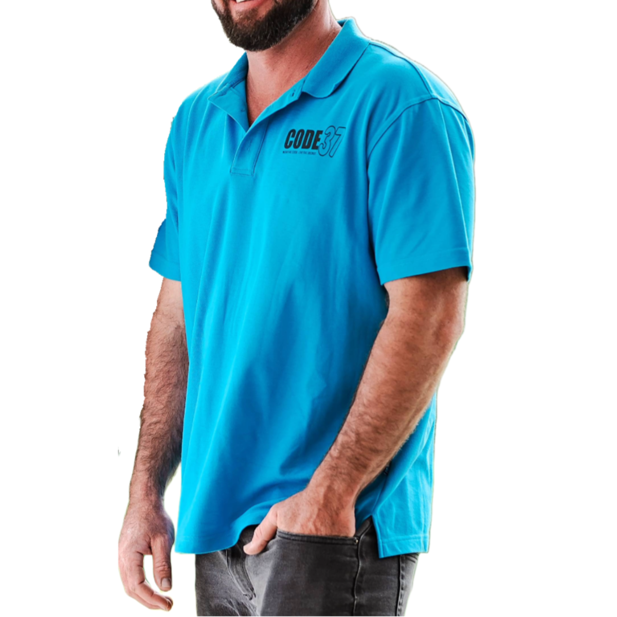 Man wearing a blue polo shirt with a logo on a white background