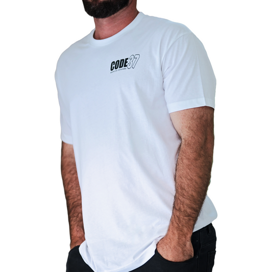 Man wearing a white t-shirt with a logo on a white background