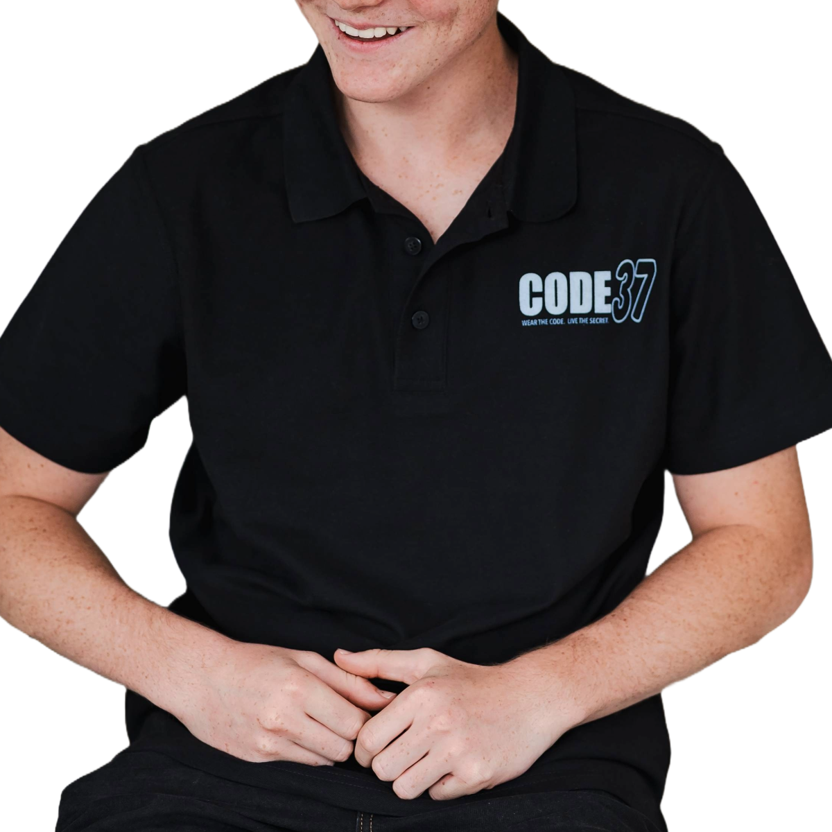 Person wearing a black polo shirt with 'CODE37' logo on a white background