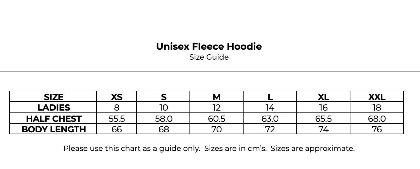 Size guide for Fleece Hoodie - Unisex
