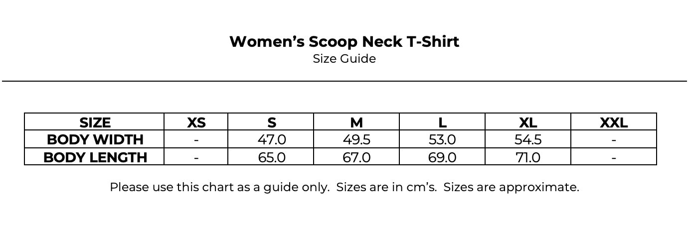 Size guide for Women's Scoop Neck T-Shirt