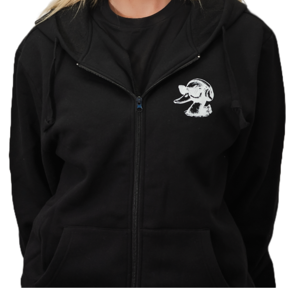 Black zipper hoodie with a white logo on a white background