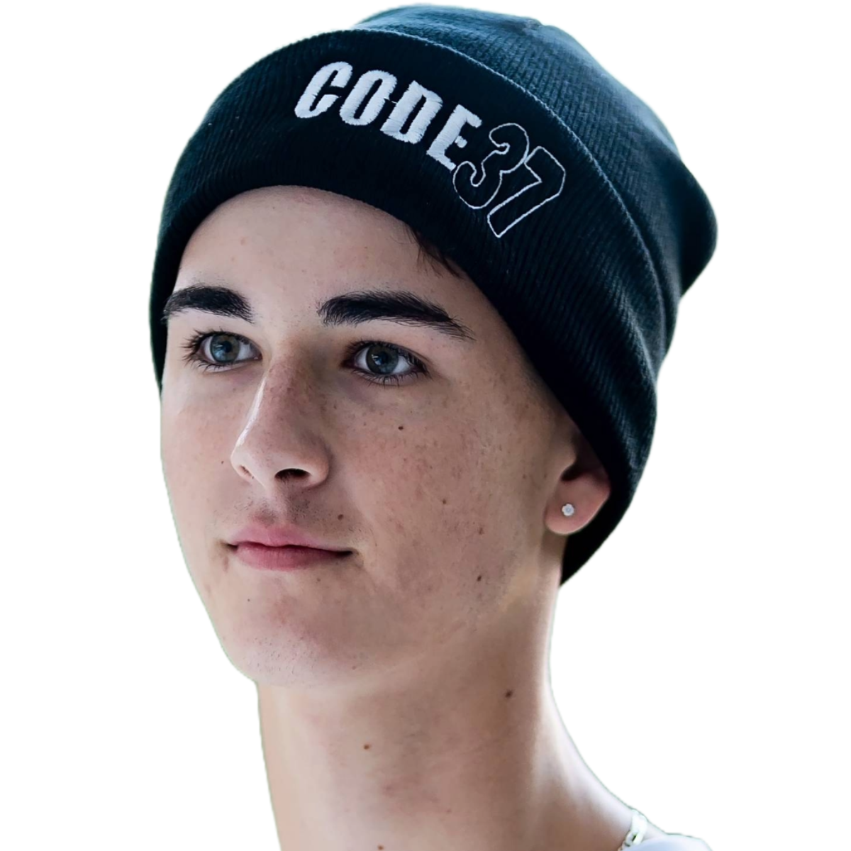 Person wearing a black beanie with 'CODE37' text on a white background