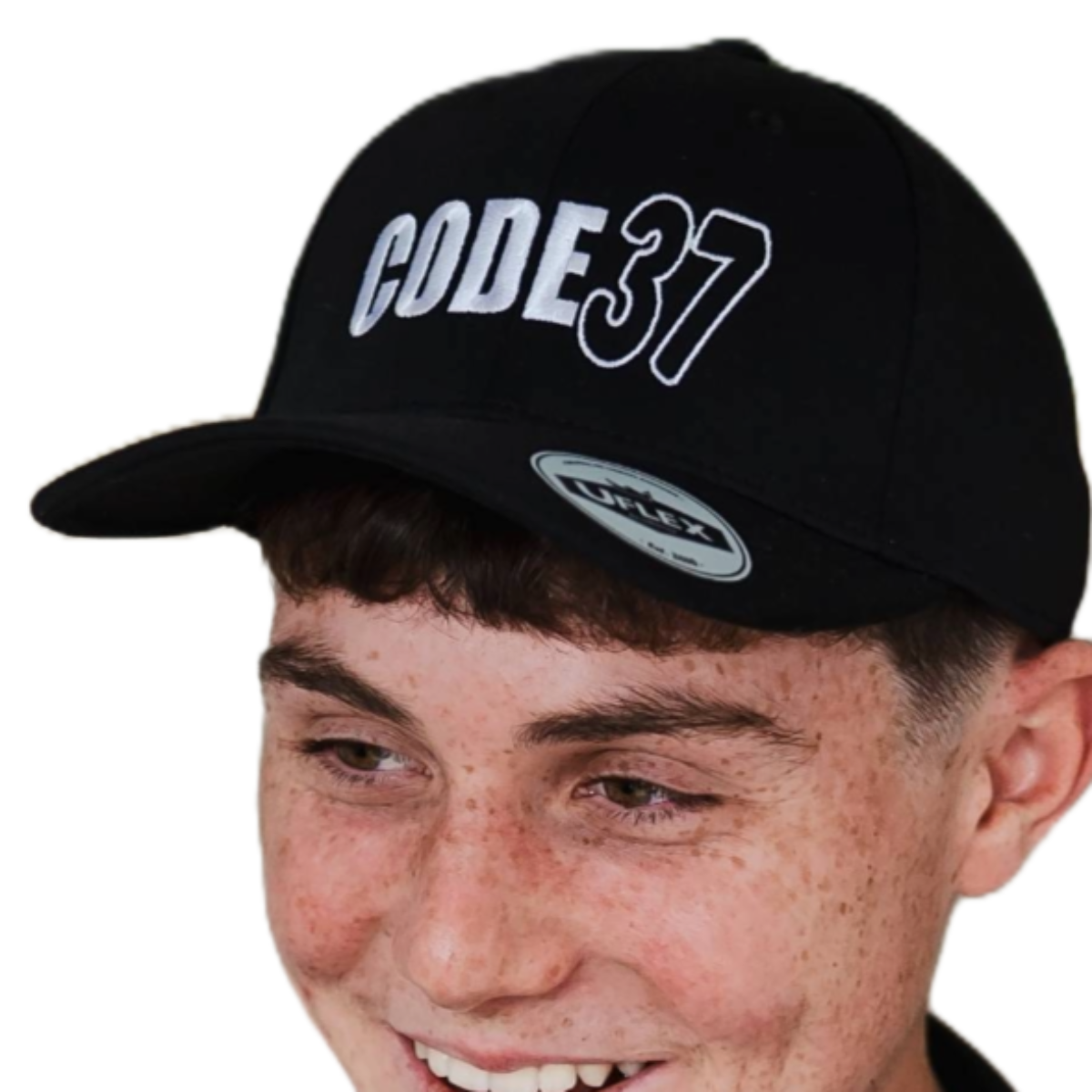 Person wearing a black cap with 'CODE37' logo on a white background