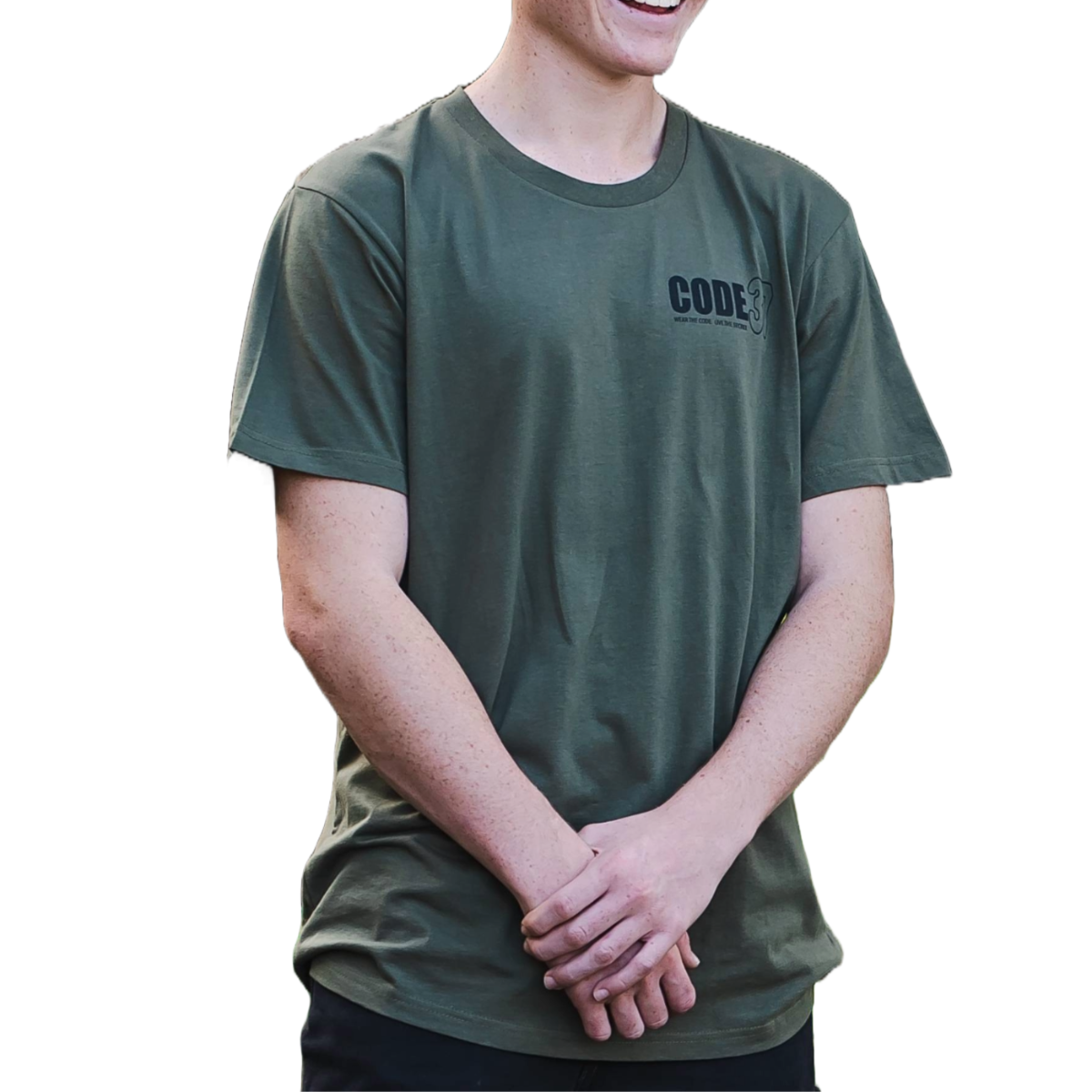 Person wearing a green t-shirt with 'CODE37 ' logo on a white background