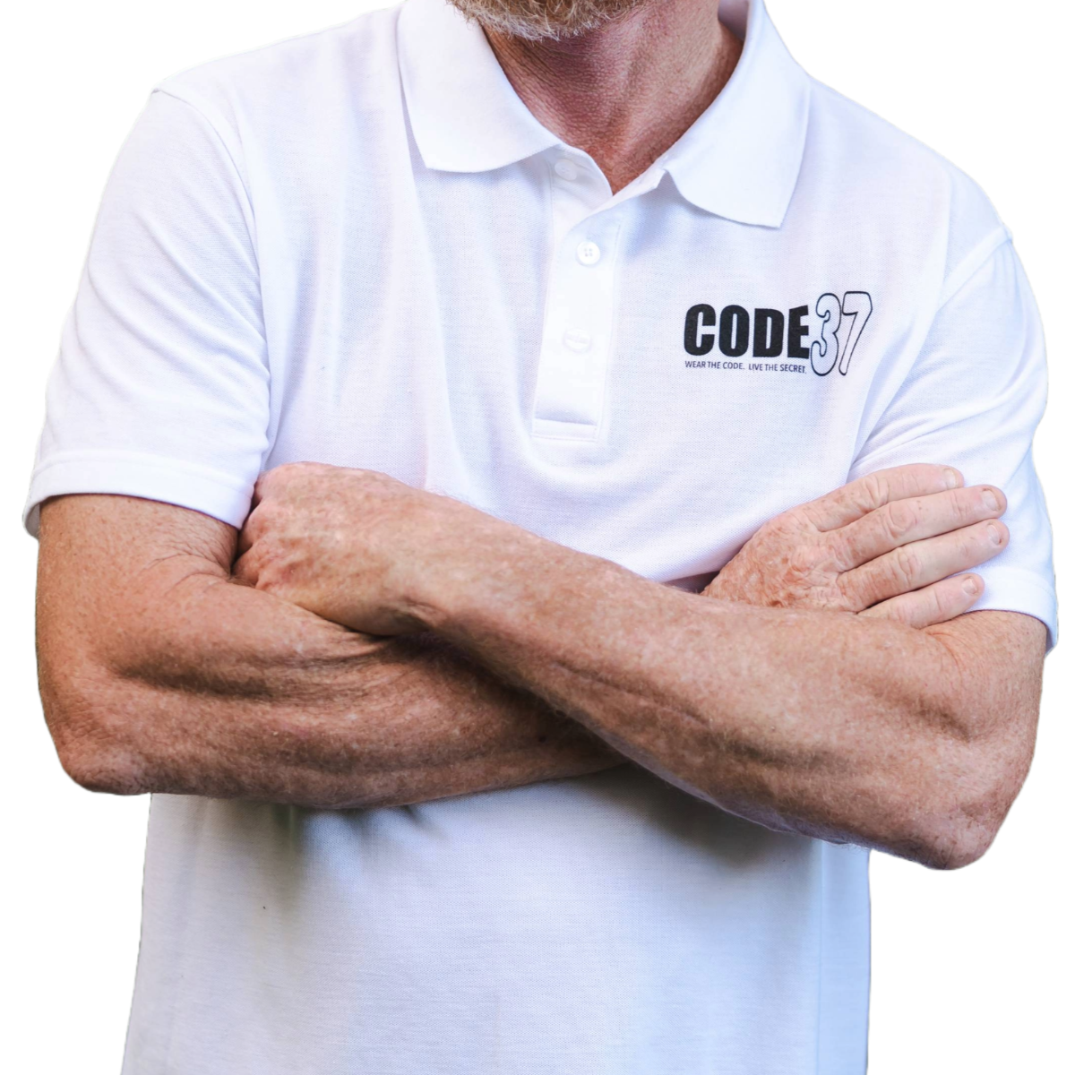 Man wearing a white polo shirt with 'CODE 37' logo on a white background