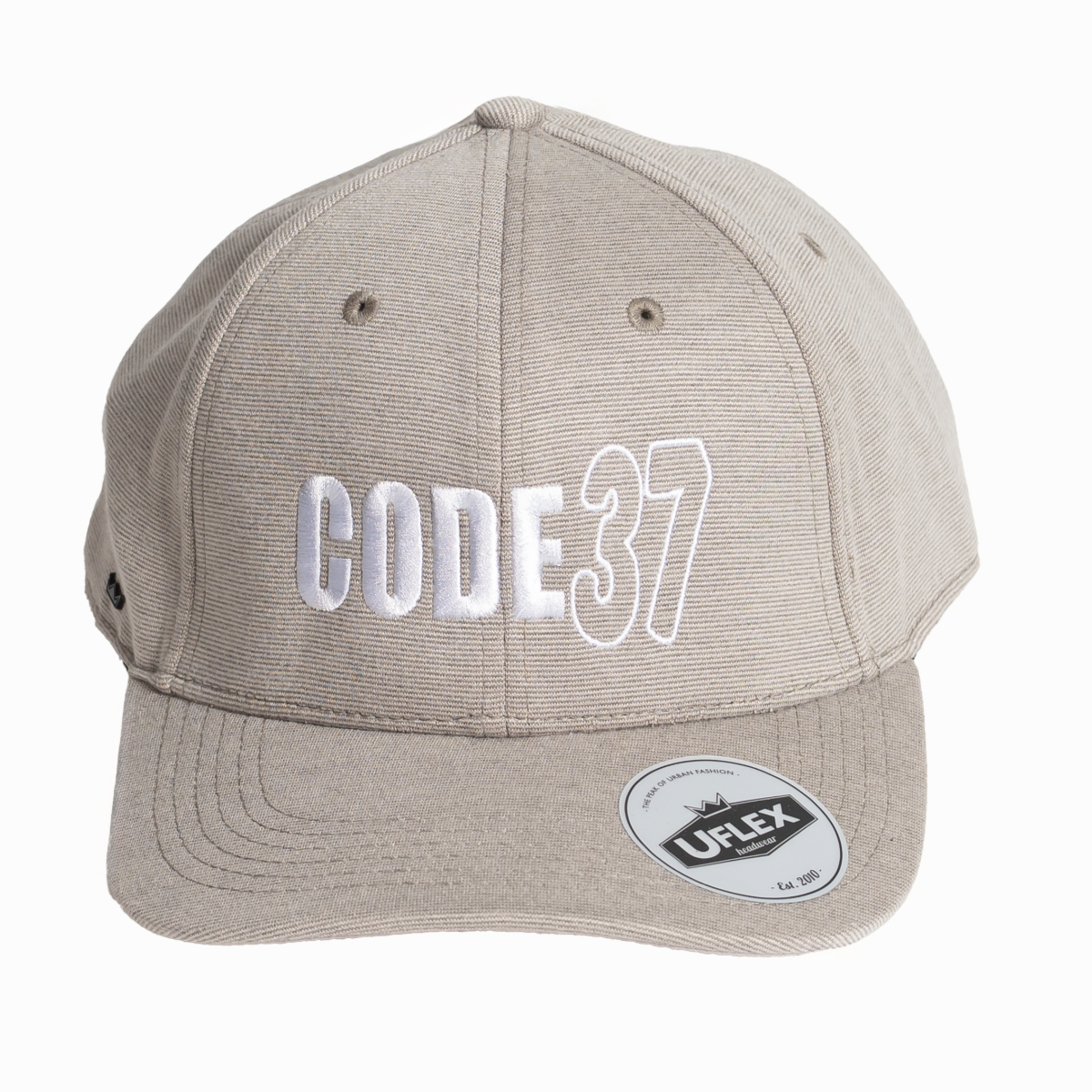 Beige cap with 'CODE 37' text and UFlex logo on a white background